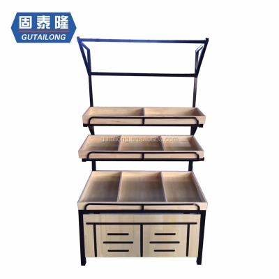 China Vegetable and Fruit Supermarket Double Sided Hot Selling Wooden Rack Display Stand for Shopping for sale