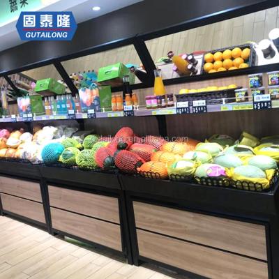 China Supermarket double-sided store display rack wooden steel fruit vegetables for sale