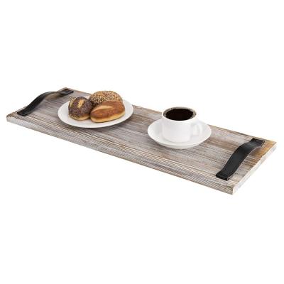 China Wholesale Viable Style Rustic Rectangle Wooden Board Serving Tray Wooden Cake Coffee Food Tray With Leather Handle for sale