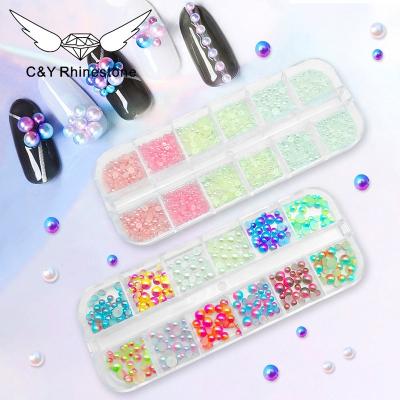 China C&Y Deluxe 12 Grids Box Colorful Loose Bead Beads Half Stud Set Half Round Mixed Sizes Flatback Beads for sale