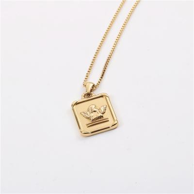 China Joolim Jewelry 18K Lead Free Nickel Free Gold Plated Rectangle Angel Stainless Steel Pendant Necklace Trendy Jewelry for sale