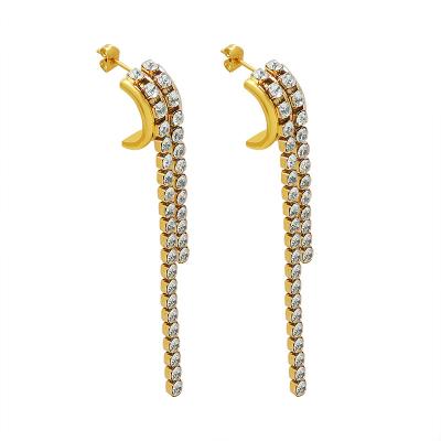 China Lead Free Nickel Free Tarnish And Waterproof Crystal Tassel Earring Stainless Steel Luxury Long Clear Jewelry for sale