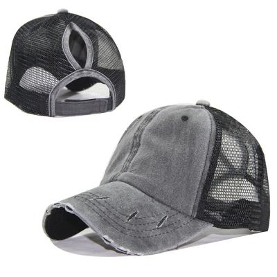 China COMMON ZG Hats ODM OEM Broken Edge Hole Mesh Hat Washable Plain Baseball Cap Blank Trucker Hat Mesh Women Ladies Female for sale