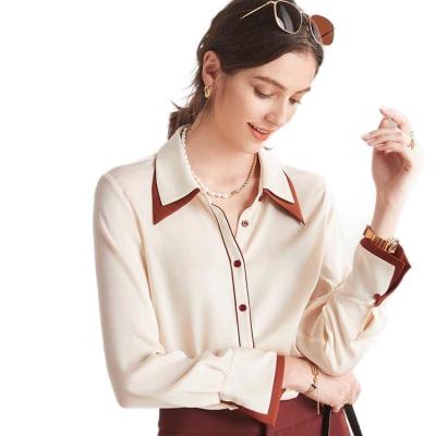 China Anti-pilling anti-pilling new ladies contrast color blouse satin long sleeve heavy lapel shirt fashionable silk top commuter for sale