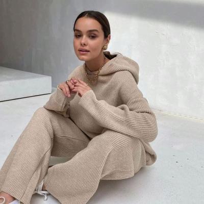 China 2021 QUICK DRY Two Piece Wide Leg Pants Set Autumn Winter Knit Sweater Knitwear Knitted Hooded Women Sweater Suits Set for sale