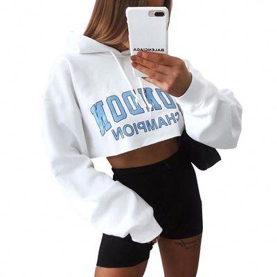 China QUICK DRY Women's Letter Print Sheath Long Casual Hooded Sweatshirts Slim Sweatshirt Short Crop Navel Top Hoodie For Ladies for sale