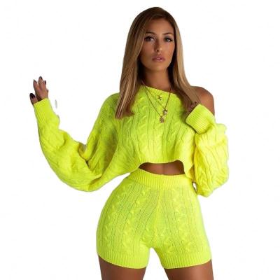 China Anti-wrinkle China factory women sweaters solid colors cropped ttight shorts knit sexy corp sweater of women setop of 2 pieces and for sale