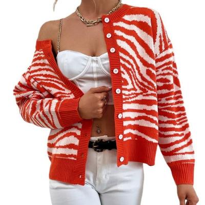 China Anti-Wrinkle Zebra Knitted Cardigan Crop Top Orange Striped Long Sleeve Single Breasted Sweater Cardigan Women Knitwear Fashion Sweater Tops for sale