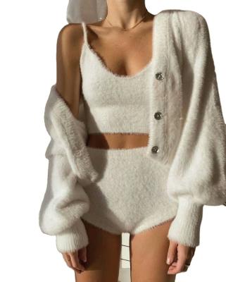 China Breathable Wholesale Cheap Sexy Bra And Shorts Knitted 3 Piece Sweater Cardigan Set For Women for sale