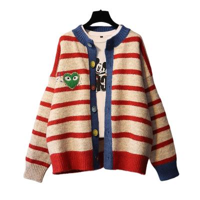 China Breathable Warm Casual Korean Style Knitted Cardigan Long Sleeve Button Striped Sweater Ladies Sale Sweater Cardigan for sale