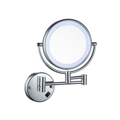 China Modern Luxury Brass Chrome Wall Mounted Bathroom Round LED Standing Mirror With Light Magnificated Glass for sale