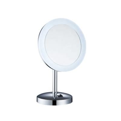 China Modern Chrome Round LED Lavatory Accessories Brass Wall Mounted Standing Mirror With Light Magnificated Glass for sale