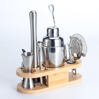 China Sustainable Luxury Cocktail Shaker Mixing Set With Bamboo Holder Cocktail Set Stainless Steel for sale