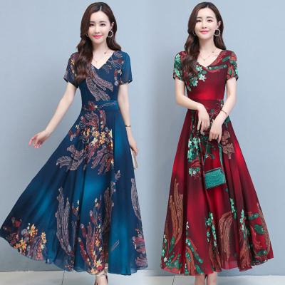 China 2021 Long Wedding Dresses Anti-Static Printed Elegant Plus Size V Neck Short Sleeve Swing Mother Of The Bride Dresses for sale