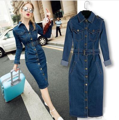 China Fashion Anti-Static Trend Casual Single Breasted Long Sleeve Turn Down Collar Drop Collar Women Ladies Jeans Dresses for sale