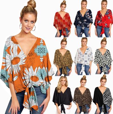 China Breathable Half Sleeve V Neck Plus Size Summer Design Print Loose Women Tie Front Top for sale