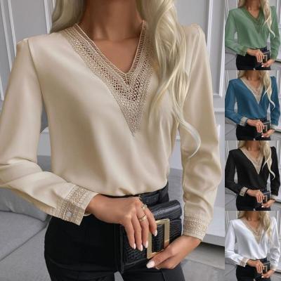 China New fashion anti-pilling fall office wear lace elegant patchwork v neck long sleeve plus size women's blouses for sale