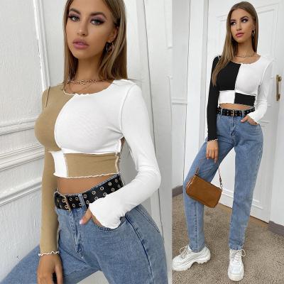 China Anti-Pilling Latest Fashion Design Trend O Neck Patchwork White Black Long Sleeve Women Crop Top T-Shirt for sale