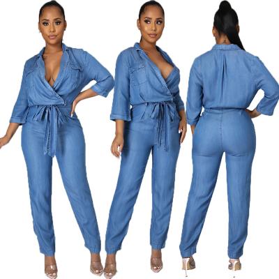 China Blue Bandage Waist Button Button Long Sleeve Anti-pilling Women Jeans Overalls Pocket Casual Skinny Full Length Pants for sale