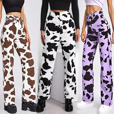 China Breathable Casual Loose Cow Print Fashionable High Waist Plus Size Women Straight Jeans for sale