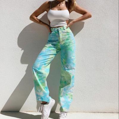 China Breathable High Waist Tie Dye Pocket Straight Women Fashion Jeans Pantalones Para mujer for sale