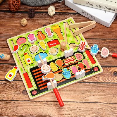 China Preschool children play set new creative multi-functional cutting and puzzle board seafood fruit BBQ set children's kitchen wooden toy for sale