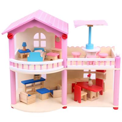 China Environmental Material Pretend Play Furniture Wooden Dollhouse Miniature Toy Set Doll House For Kids Children Play for sale