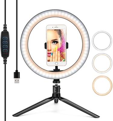 China Mini Wholesales beauty 10 inch led selfie ring light 3 modes dimming led selfie ring light with tripod stand&cell phone holder for sale