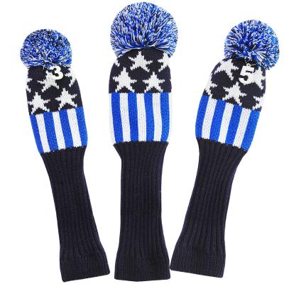 China Durable Custom Knitted Blue Black Star Golf Club Headcover 3 PCs One Set for sale