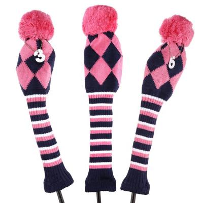 China Custom Made Durable Pink Knitted Diamond Golf Club Headcover 3 PCs A Set for sale