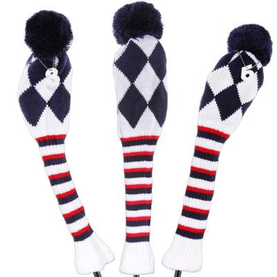 China Durable Custom White Navy Knitted Golf Club Headcover 3 Pcs One Set Wood Cover for sale