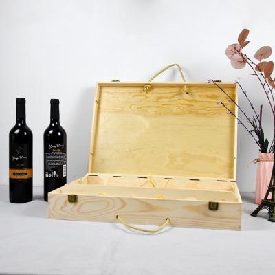 China Handmade Environmental Factory Direct Wooden Wine Box For Gifts Pine Wood Bottle Wine Crate Handle Double Hinged Lid Carrier Top for sale