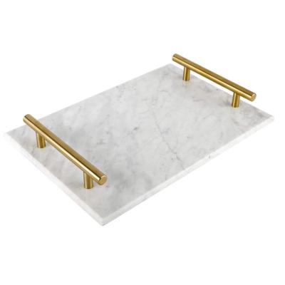 China Decorative Rectangle Marble Stone Tray Handmade Nightstand Tray Marble Serving Tray With Copper Color Metal Handles LCJG for sale