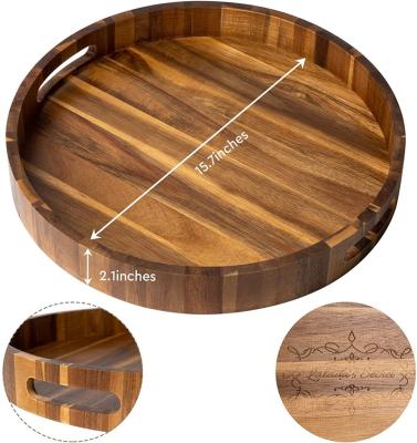 China Tray Acacia Wood Round Serving Tray Large Handles For Easy Use Breakfast Tray Multiple Handling Beautiful Wooden Tray At Home for sale