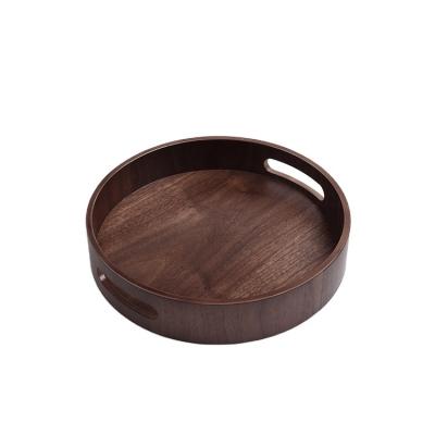 China Wholesale Home Wooden Restaurant Tray Decoration Round Tray Real Walnut Tray With Handles Wooden Serving Tableware Hotel for sale