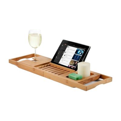 China Amazon Best Sellers Sustainable Luxury Bamboo Bathtub Caddy Wood Bath Tray with Expanding Sides Book Tablet Phone Wine Glass Holder for sale