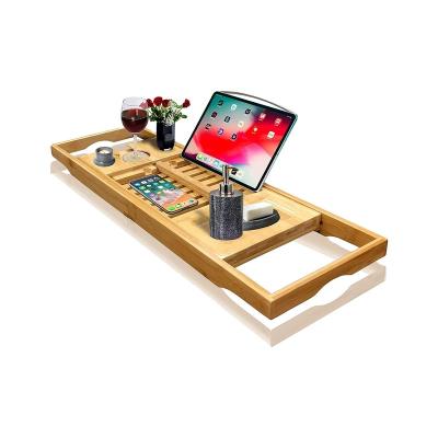 China Nature Sustainable Gear Extending Arms Bathtub Tray With Book Tablet Smartphone Bamboo Holder for sale