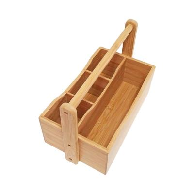 China Hot Selling Sustainable Portable Rectangle Multi Compartment Bamboo Cutlery Storage Box With Handle for sale