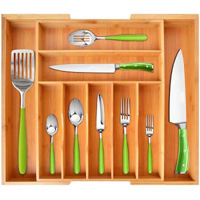 China Wholesale Custom Viable Logo Expandable Kitchen Drawer Organizer Cutlery Bamboo Wooden Tray for sale