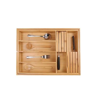 China Sustainable Good Quality Bamboo Restaurant Utensil Organizer Adjustable Cutlery Tray Box for sale