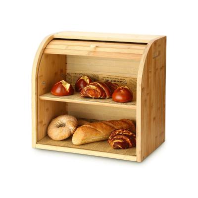 China Large 2 Layer Fiber Storage Wooden Bread Stored Bamboo Box Cheap Natural Bamboo Food Storage Kitchen Bread Boxes for sale