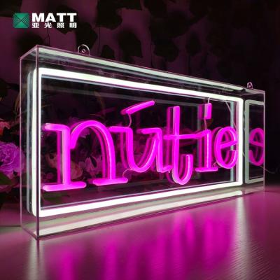 China Buildings Matt Ready To Ship Office Signs Bar Shop Decor Custom Acrylic Neon Led Letters Lights Nutie Neon Sign Box for sale