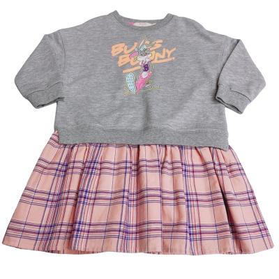 China Fashion design comfort kids clothing girl o neck casual cartoon sweater with hem and check ribbed skirt for sale