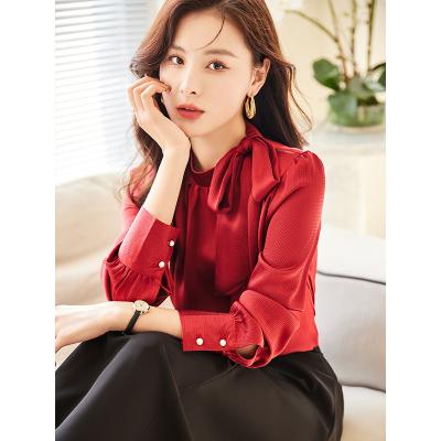 China Anti-pilling Plus Size S-4XL Red Long Sleeve Business Shirt Women's Spring Dress 2022 New Fashion Style Blouse Design Bow Top for sale