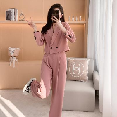 China QUICK DRY Spring Summer Women Short Coats Office Suit Loose Pants 2 Pieces Set V-Neck Lady Flared Cropped Blazers Ladies Women for sale