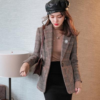 China Anti-wrinkle 2023 Autumn Winter New Coffee Plaid Business Casual Suit Jacket Female Elegant Slim Fashion Warm Coat for sale