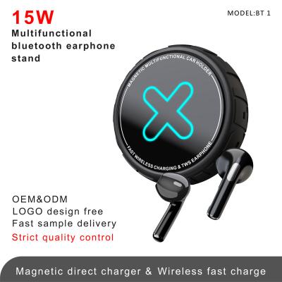 China Wirless QI Fast Charger Phone New 2 in 1 Wireless Earphone Magnetic Car Charger 15w Wireless Fast Charging for iPhone and Samsung Mobile Phone for sale