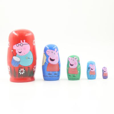 China Novelty Cartoon Wooden Toy 5pcs Matryoshka Set Baby Hand Painted Toy Decor Wholesale Custom Russian Nesting Dolls for sale