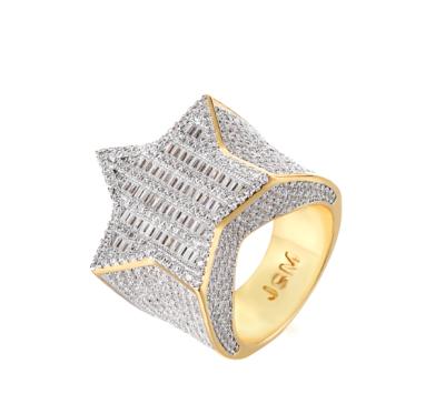 China Hiphop Jasen Jewelry Hip Hop Two Tone Outlet Plated Iced Out Micro Pave Silver CZ Bagutte Star Ring For Men for sale