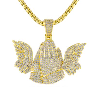 China Hiphop 18K Gold Plated Mic Pave Set Hip Hop Iced Out Prayer Hand With Angel Wing Pendant For Men for sale